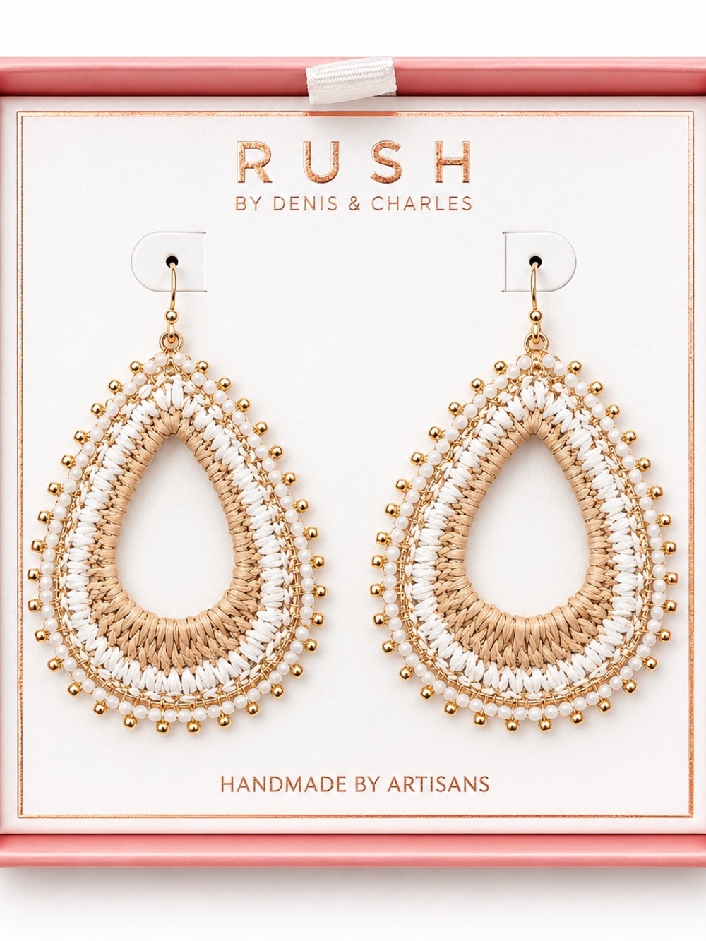 RUSH Handmade Boho Teardrop Earrings Gold White Beaded Artisan Statement Pair